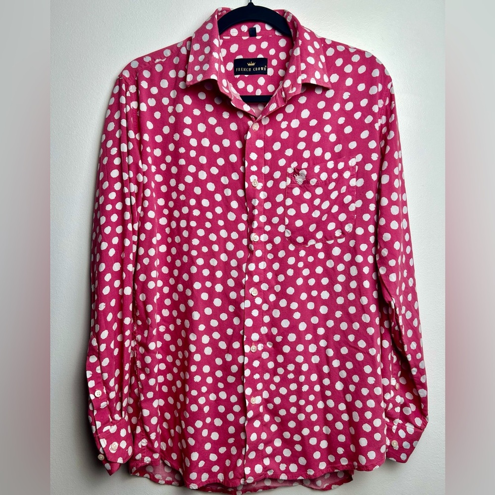 French Crown shirt Men 42 button up pink And White  dots
